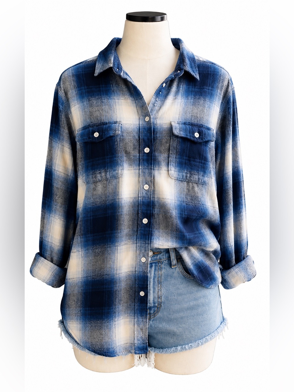 Old Navy The Boyfriend Shirt XL Blue Plaid Flannel Button Front Oversized Top